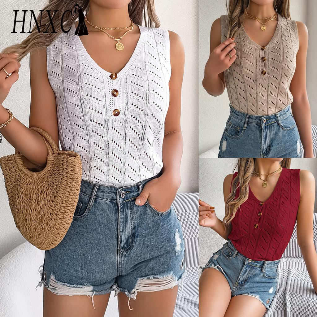 HNXC Summer Solid Color Button V-neck Cuffed Sleeveless Top Vacation Knitted Sweater Women's Wear