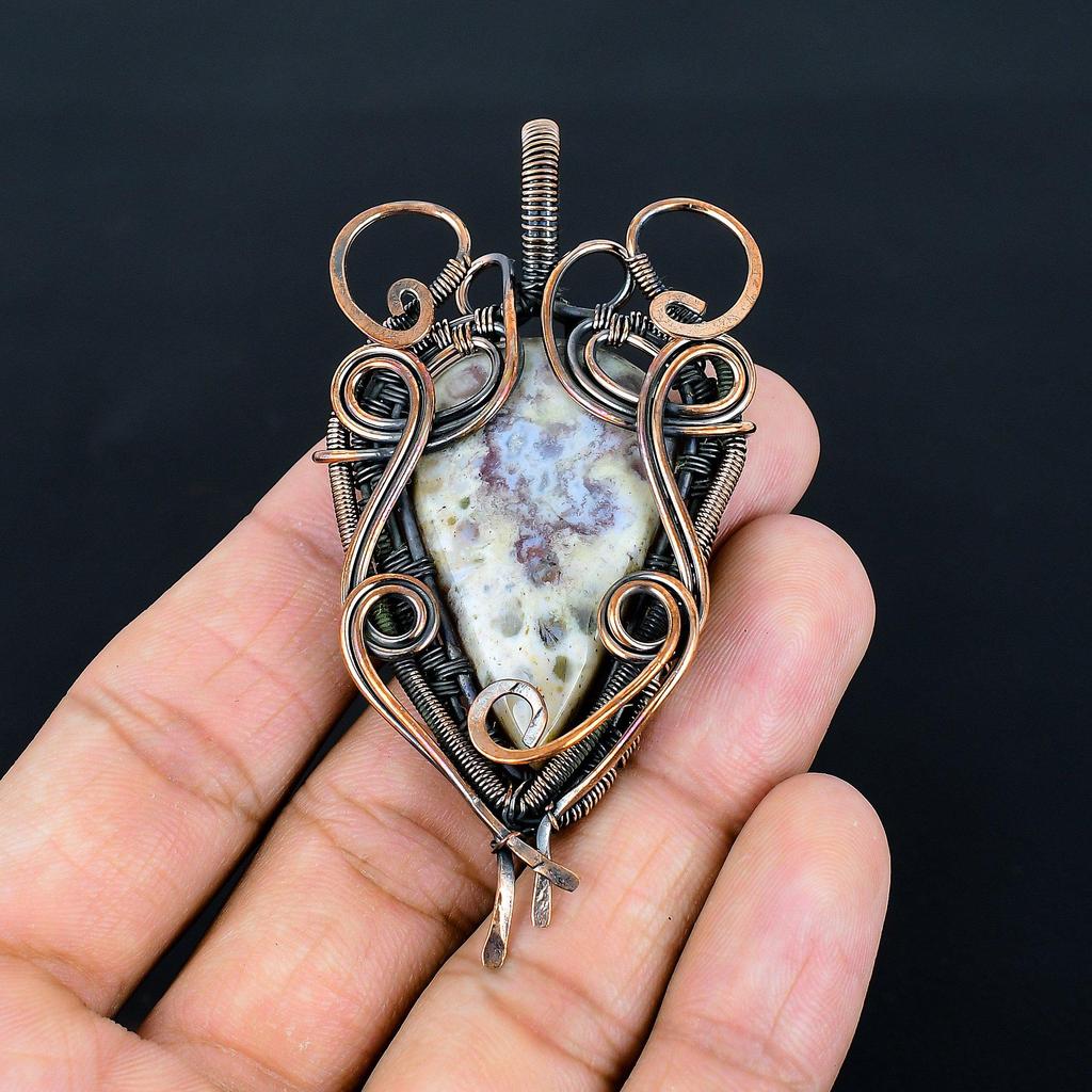 Кулон из мохового агата, обернутый медной проволокой 999 пробы, кулон ручной работы с драгоценным камнем, подарок на день рождения