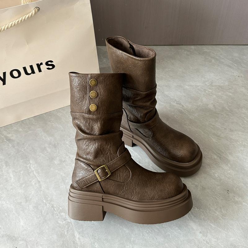 Brown Retro British Style Thick Heel Platform Boots Women's 2025 New Autumn and Winter Thin Boots Knight Boots