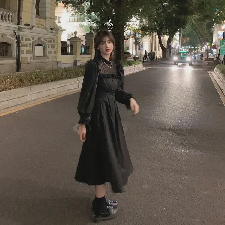 Женское зимнее корейское платье 2025 года с рукавами-фонариками и кружевом