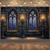 2D plane 1 medieval castle background fabric featuring Gothic windows and stone walls design - birthday party