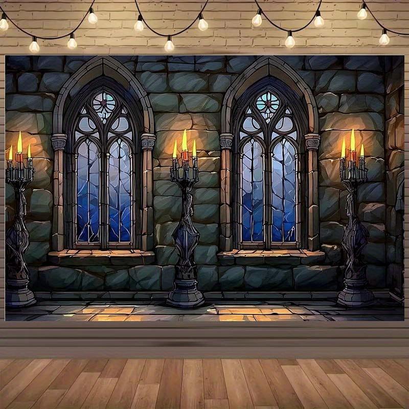 2D plane 1 medieval castle background fabric featuring Gothic windows and stone walls design - birthday party