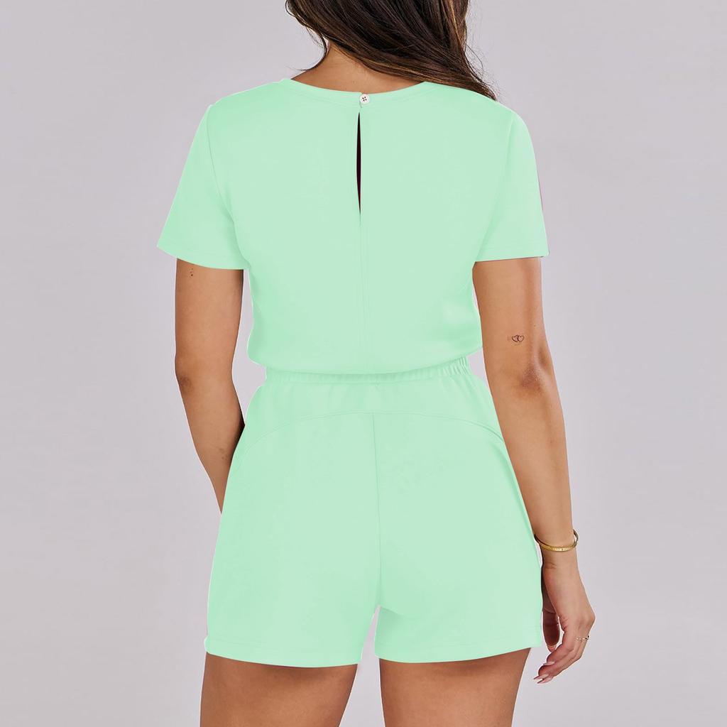 Women's Summer Crewneck Casual Loose Short Sleeve Rompers Jumpsuit Outfits With Pockets