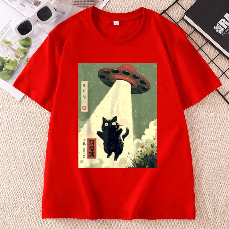Black Cat UFO Graphic TShirts Japanese Cat Alien Graphic Tee Unisex Unisex Cotton Short Sleeve Printed Tshirts Streetwear