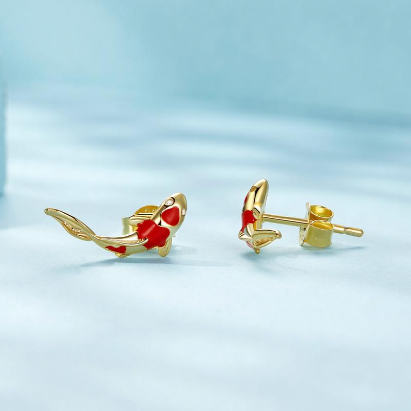 Bamoer Luck & Courage Earrings 925 Silver Koi Red Enamel Silver Polished Women Stud Earrings