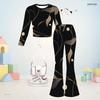 Girls Black Floral Printed Round Neck Long Sleeve Top And Flared Pants Two Piece Set
