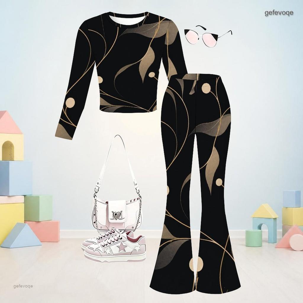 Girls Black Floral Printed Round Neck Long Sleeve Top And Flared Pants Two Piece Set
