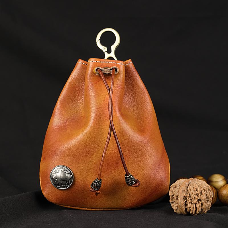 Винтажный кошелек для монет и ключей из коровьей кожи - поясная сумка с затягивающимся шнурком