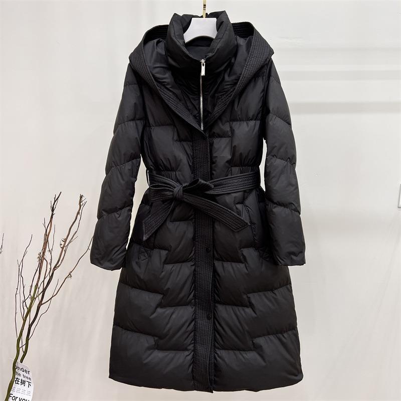 Solid Color Casual Hooded Long Down Coat Knee-length Thickened Slim-fit Slimming Waist Warm Down Coat