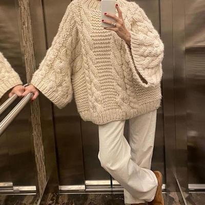 Женский свитер с круглым вырезом и длинным рукавом, с перекрученной текстурой, трикотажные топы, однотонные, свободные, пуловеры