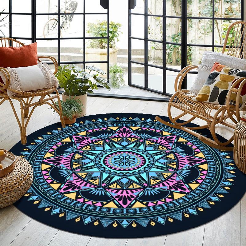 Boho Round Carpet Geometric Flower Design Anti-slip Floor Mat Ethnic Style Artistic Home Decor Rug for Living Room Lounge Office