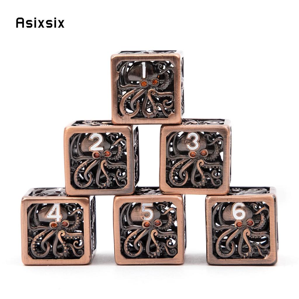 6 Pcs Coppery Squid Metal Dice Hollow Metal Polyhedral Dice Set Suitable for Role-Playing RPG Board Game Card Game