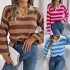 Women's Jumper Lapel V Neck Lantern Sleeve Striped Color Block Knitted Pullover Sweater Knit Pullover Tops Knitwear