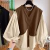 Women Vintage Round Neck Lantern Long Sleeve Fake Two Piece Blouses