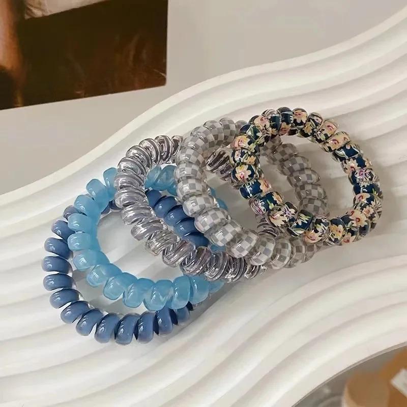 5pcs Set Telephone Cord Scrunchies Spiral Hair Ties Gradient Color Checkered Print Phone Cord Elastic Hair Band Hair Accessories