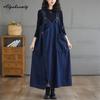 Korean Style Spring Autumn Women Midi Stylish Sundress Suspenders Oversized Blue Denim Dress Sleeveless Casual Loose Dress With Pockets