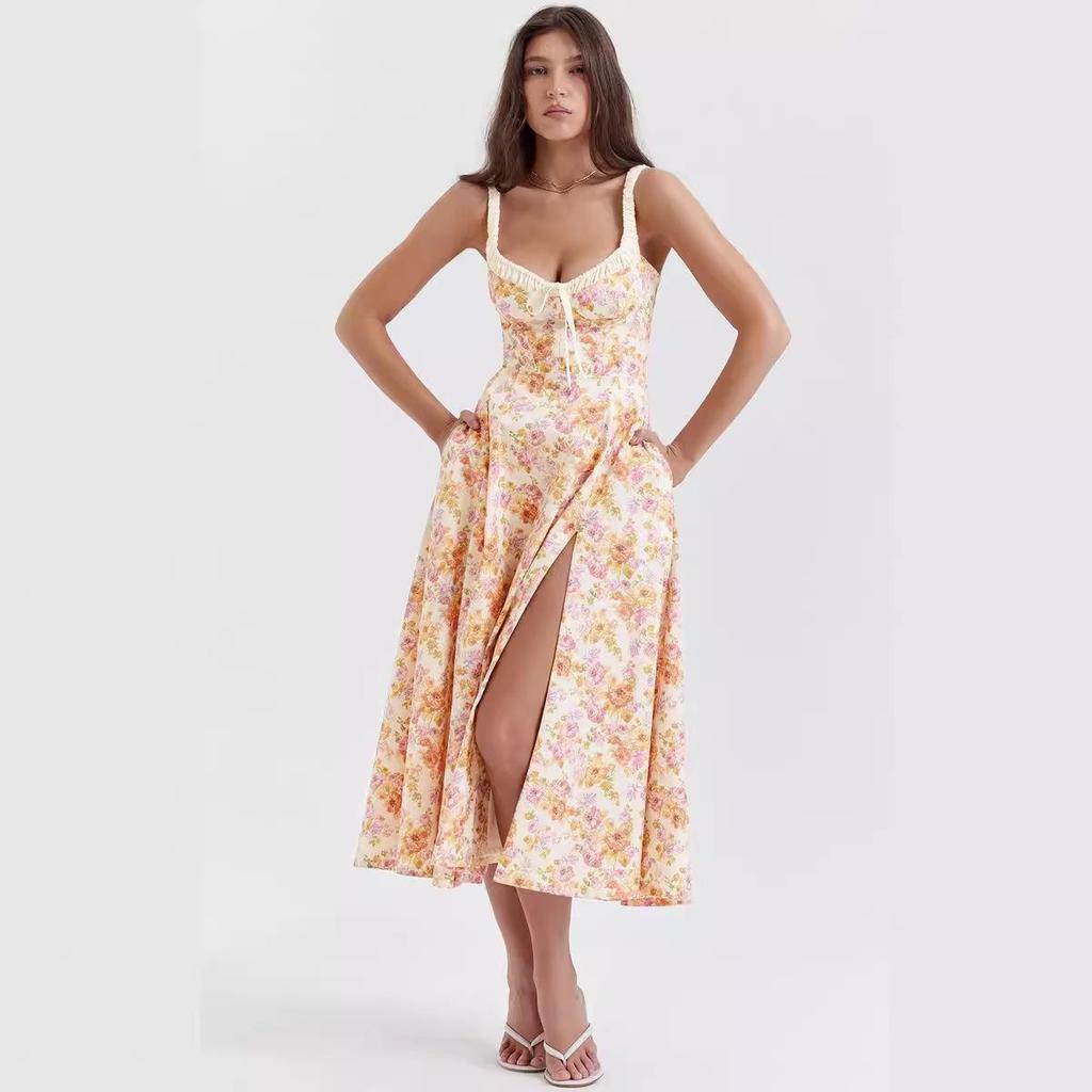 Женское платье длиной до щиколотки с открытой спиной и принтом на тонких бретельках с v-образным вырезом и высокой талией