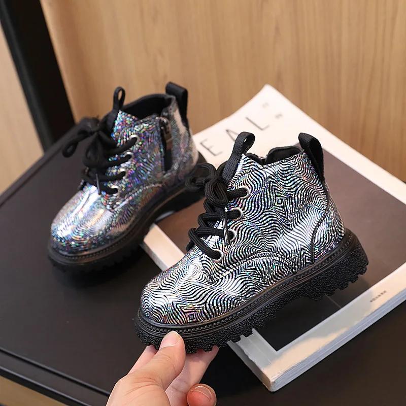 Children's Autumn Boots Glossy Girls Causal Leather Boots  Versatile Kids Princess Ankle Short Boots Round-toe Zipper