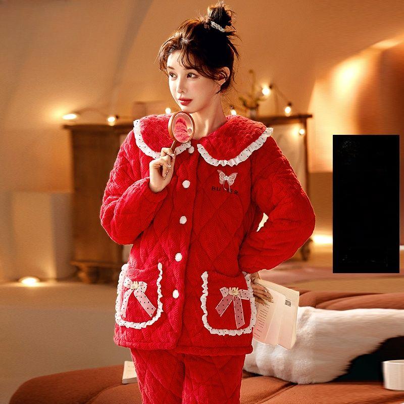 Коралловая бархатная пижама женская зимняя трикотажная стеганая куртка из толстой фланели корейский кашемировый женский комплект домашней одежды можно носить на улице