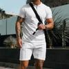 Summer Autumn Men's Polo Neck Waffle Shorts Suit Casual T Shirt Sports Short Sleeve Two-piece Set Trendy Brand