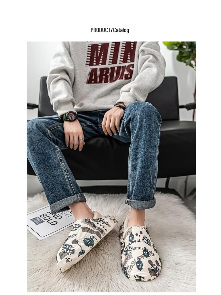 Мужские зимние водонепроницаемые хлопковые тапочки на флисовой подкладке - Большой размер, двойного назначения, с задником, полутапочки для улицы и дома