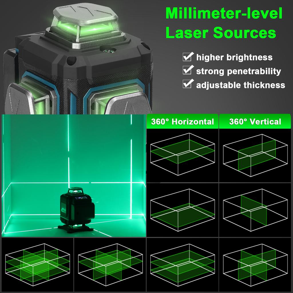 Многофункциональный 16-линейный лазерный уровень 3 градуса Самовыравнивающаяся машина Перезаряжаемая литиевая батарея для выравнивания