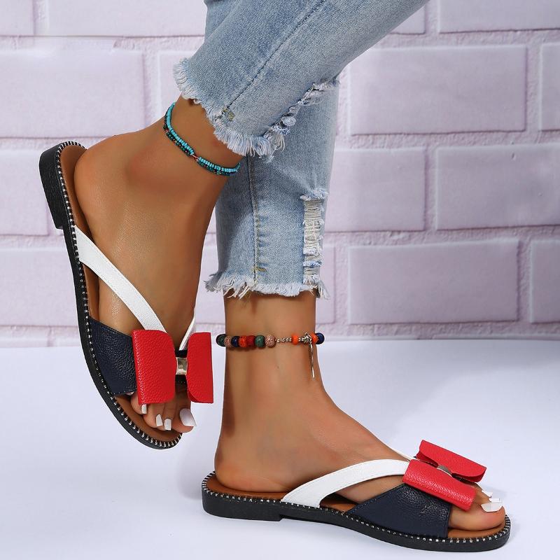 Женские летние сандалии без шнуровки, милые уличные тапочки с бантом, женская пляжная обувь, женские сандалии на плоской подошве, повседневные шлепанцы, большие размеры