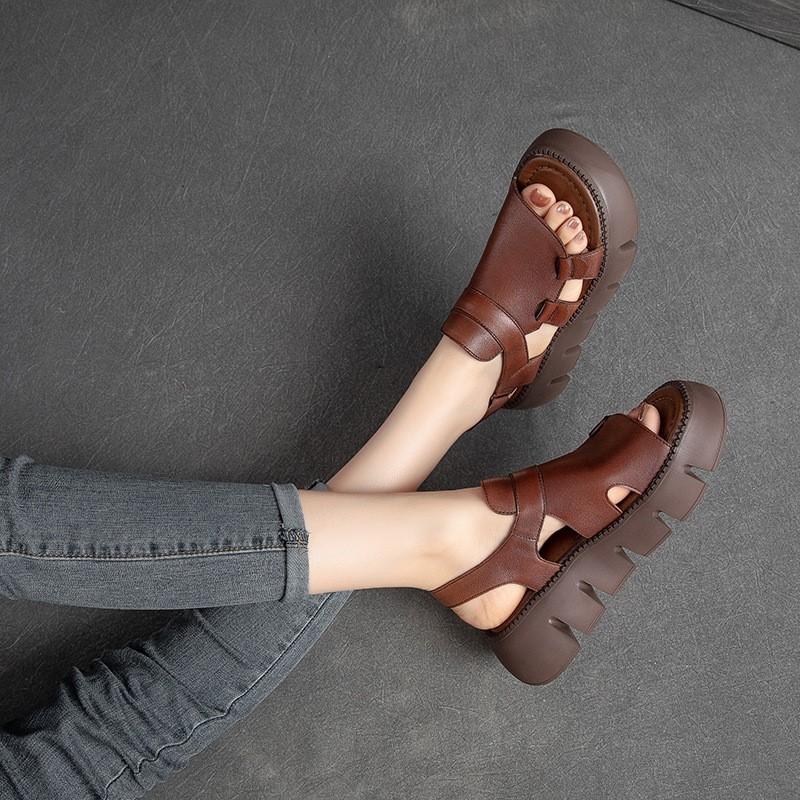 Johnature Genuine Leather Casual Thick Sole Peep Toe Sandals Hollow Breathable Women's Platform Shoes