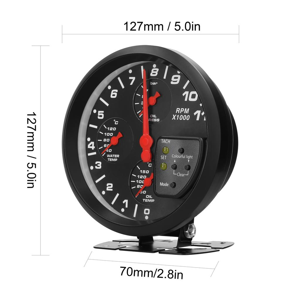 5 Inch 4 in 1 Car Multifunctional Gauge Tachometer Oil Pressure Oil Temperature Water Temperature Gauge Meter Support