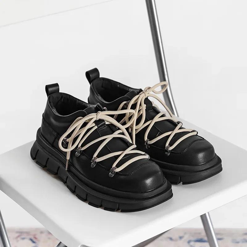 Туфли из толстой кожи на толстой подошве, мужские туфли из натуральной кожи со шнуровкой, модные повседневные туфли, дизайнерские мокасины, мужские ботильоны