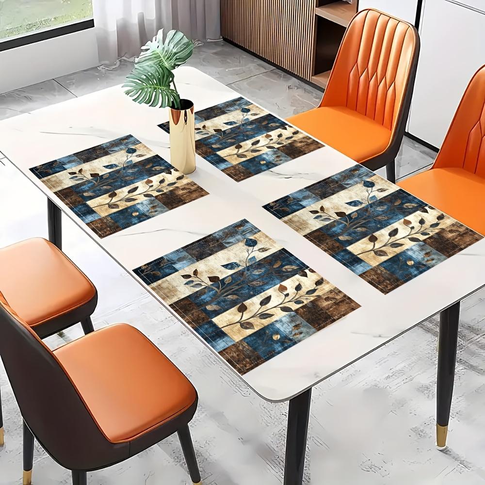 Set of 4 Placemats Featuring a Forest Patchwork Design in Blue, Brown, And Beige, Perfect for Dining Tables, Kitchens, Parties, Indoor Use, Holidays