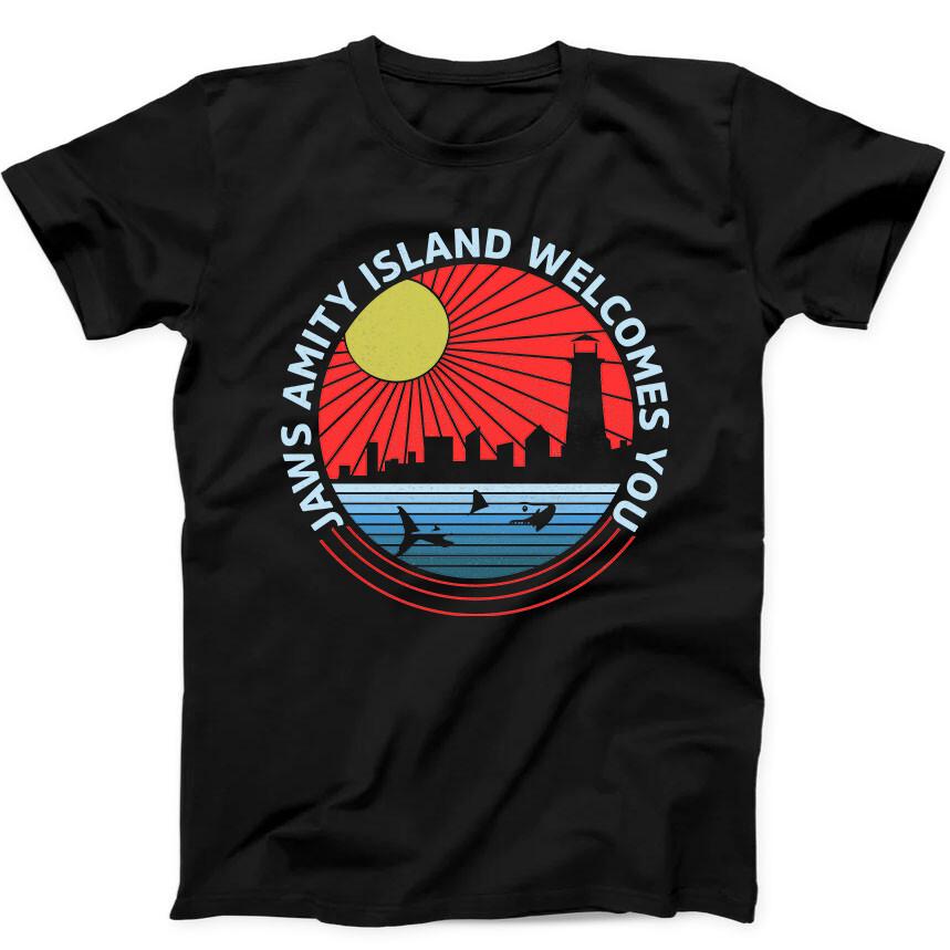 Amity Island Welcomes You Jaws 70s Film Quints Funny Gift Black Tee T Shirt 182
