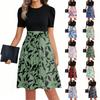 Women's Fashionable Casual Belt Short Sleeved Round Neck Printed Patchwork Dress