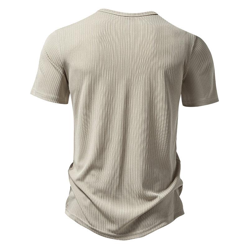 New Summer Men's Henry Collar T-shirt Short Sleeve Solid Color Stripe Casual Button Tops Tees Man
