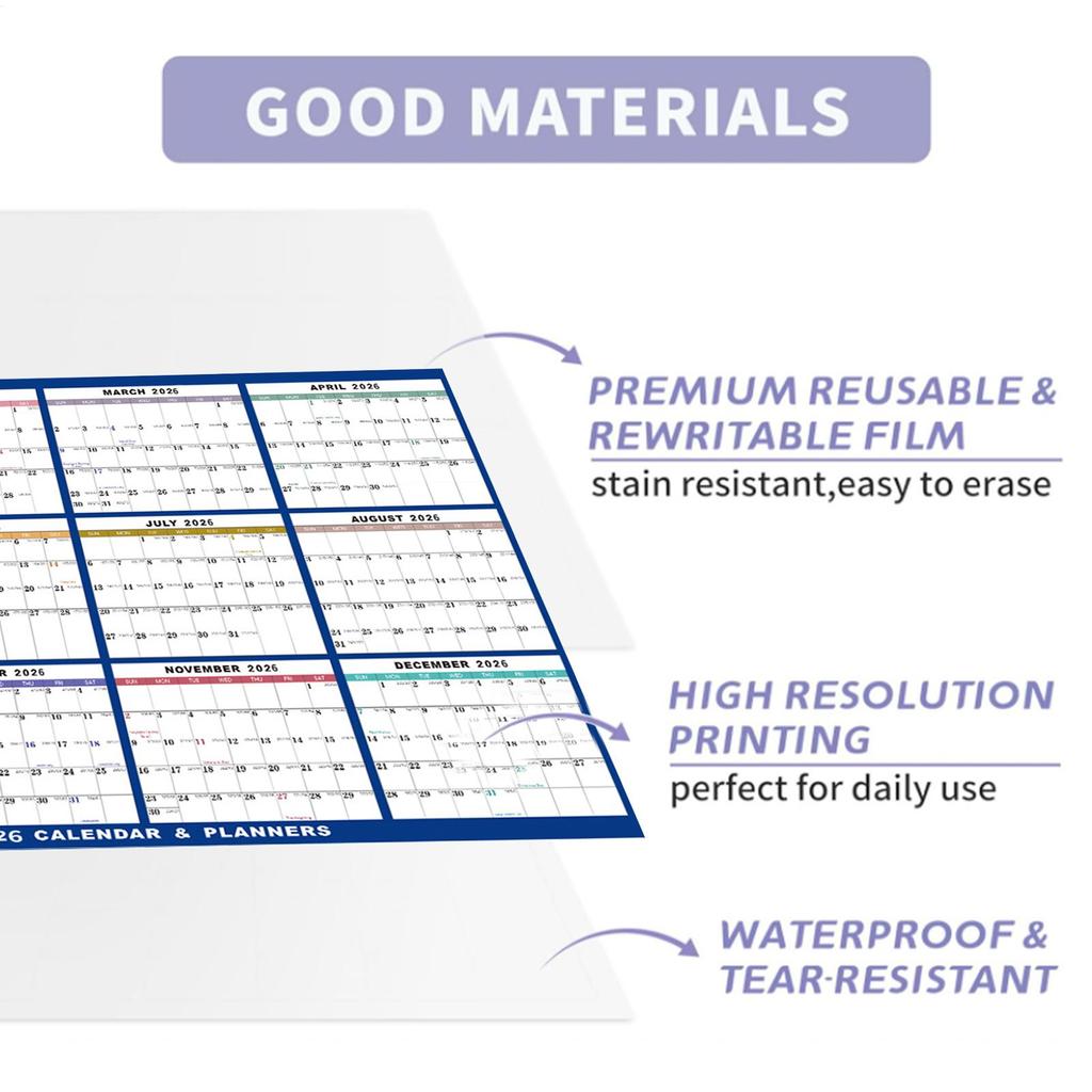 Большой Настенный Календарь 2026, 24 x 36 дюймов, 12-месячный Годовой настенный календарь, Двусторонний стираемый календарь, Планировщик расписания для офиса
