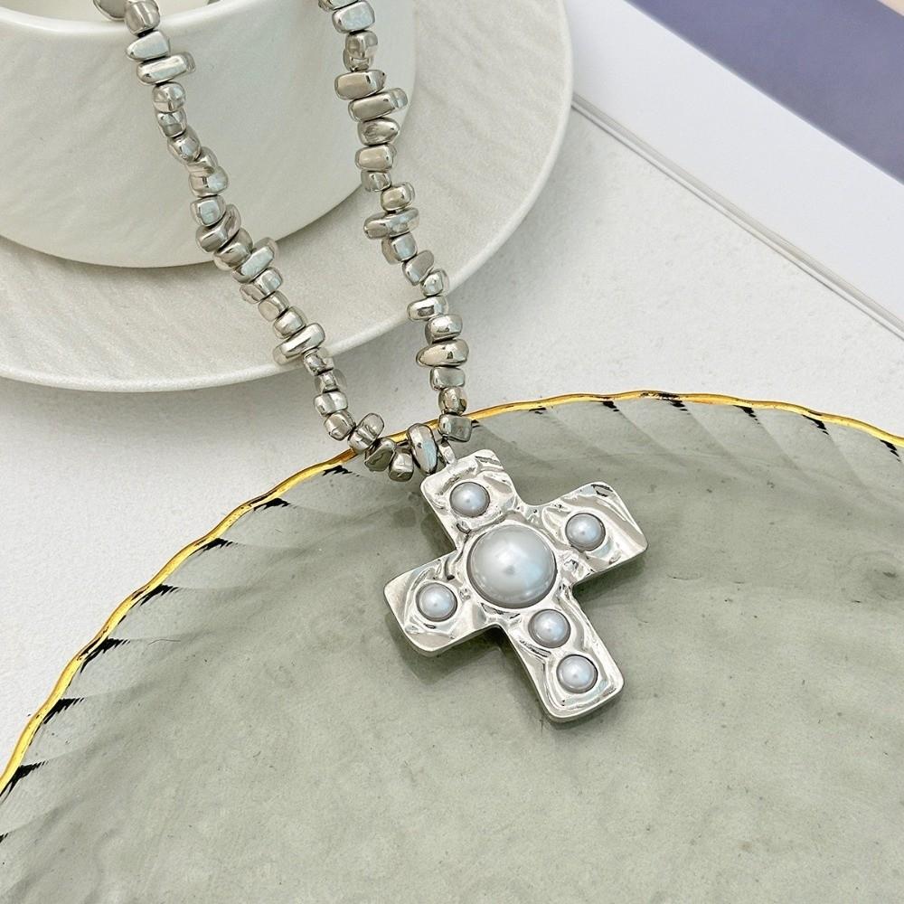 Irregular Beads Cross Pendant Chain Chunky Beads Choker Necklace Clavicle Chain Women's Jewelry
