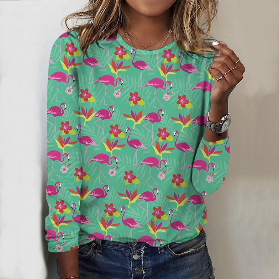 Tops For Women Q-version Flamingo Print Round Neck Long Sleeve T-shirt Fall Casual Slim Pullover Women's Long Sleeve Top