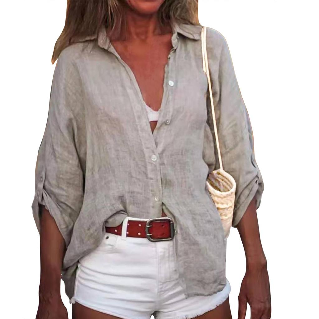 Женская летняя хлопково-льняная однотонная свободная рубашка с семиточечным рукавом и v-образным вырезом