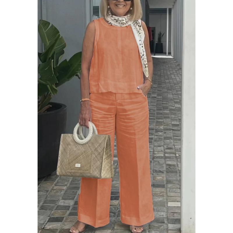 VEZFAA Женские модные повседневные летние весенние однотонные принтованные брюки без рукавов с круглым вырезом костюмы