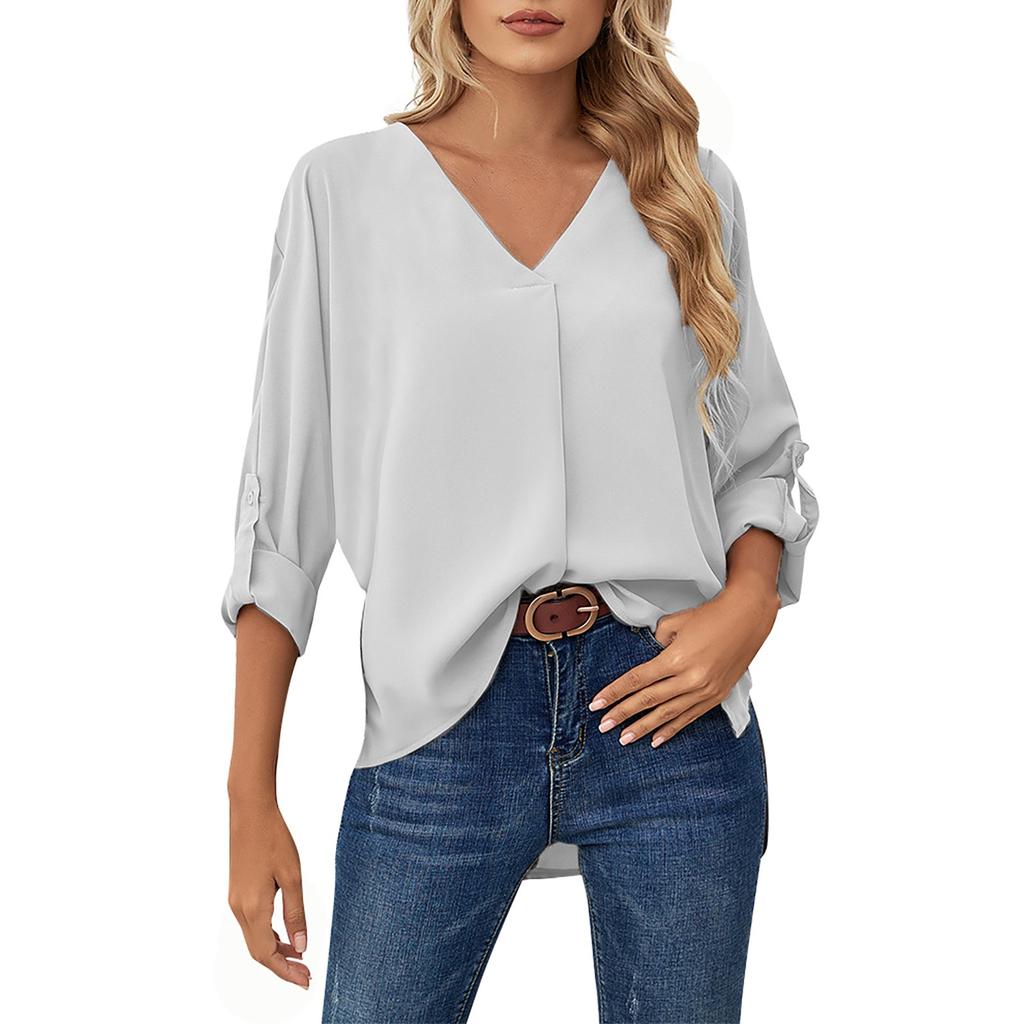 Solid Color Fashionable Chiffon Shirt Women's V-Neck Long-Sleeved Casual Top