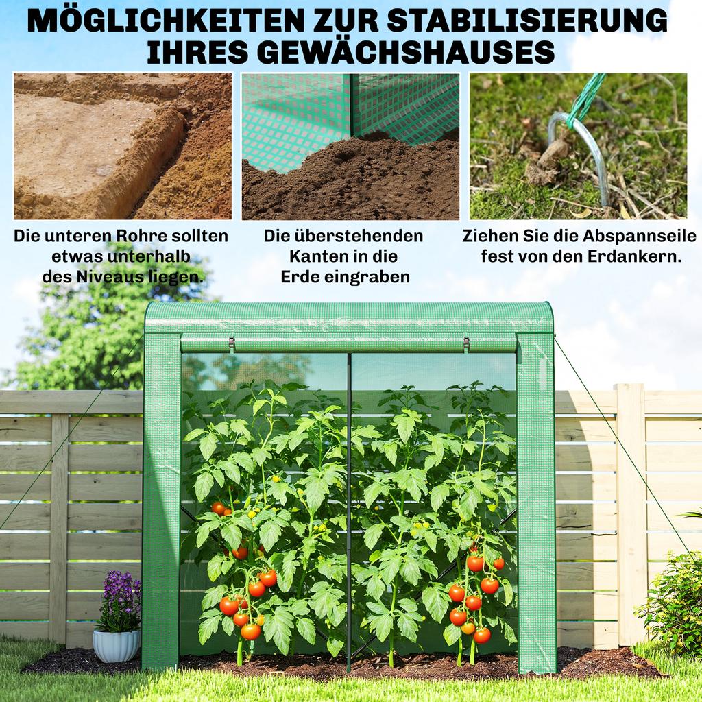 Mini Greenhouse, Garden Tomato Growhouse with Roll-Up Door and 2 Mesh Windows, PE Cover, 200 x 75 x 188 cm, Green