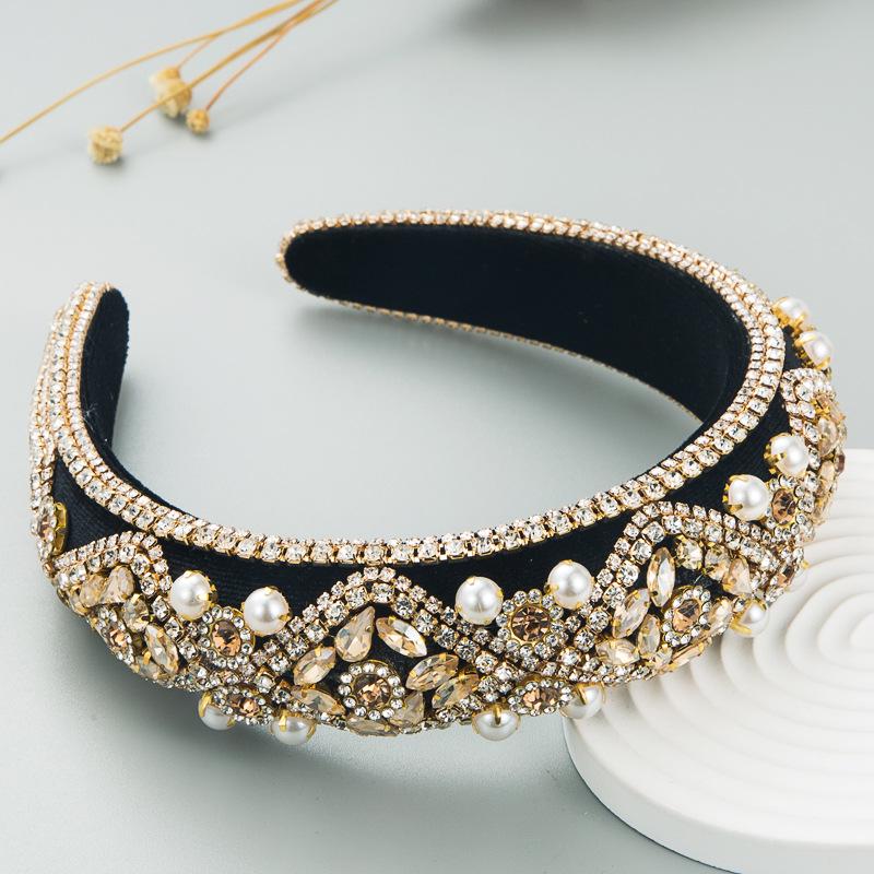 Heming Retro Velvet Headband with Diamond and Pearl Embellishments for Women