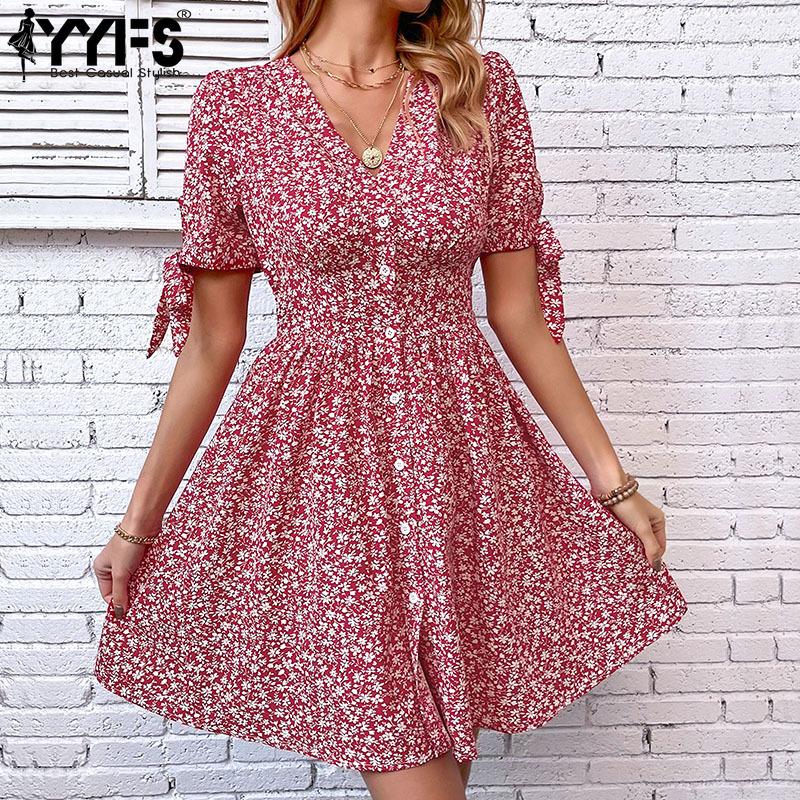 YYFS Women's Fashion Summer Spring Floral Print Short Sleeve V-Neck Casual Dresses