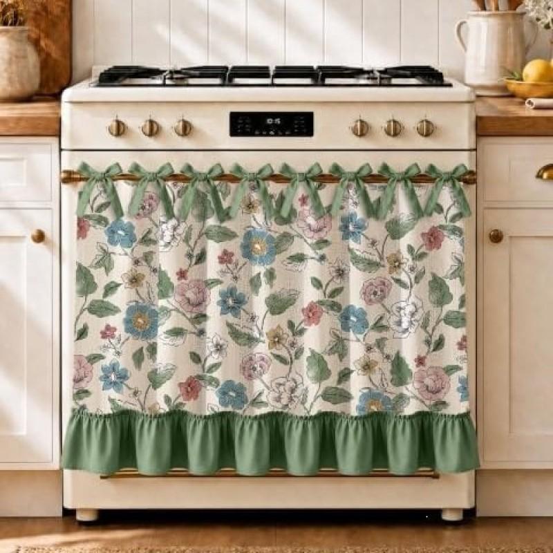 Kitchen Oven Curtain With Tie-Backs Linen Style Farmhouse Short Drape Range Hood Or Appliance Cover