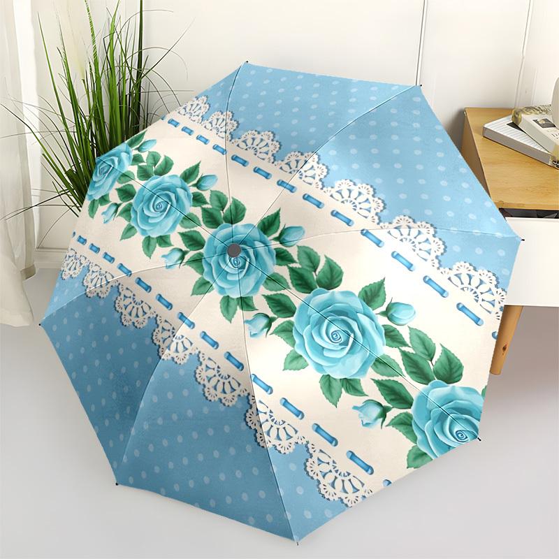 1pc Blue Roses Lace Automatic Cute Umbrella 8-Bone Design Compact Gear for Outdoor Travel, Perfect Holiday Gift yy251230006