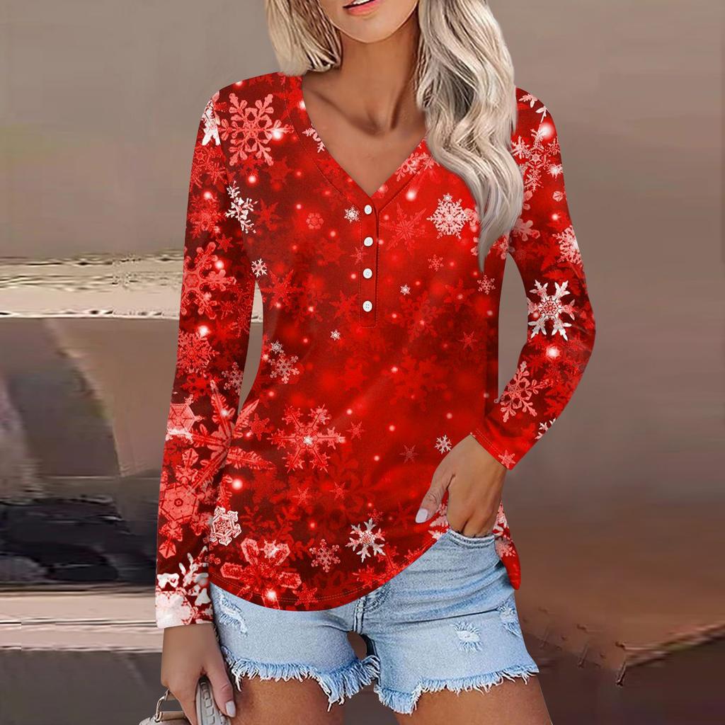 Women's Casual Fashion Sexy Comfort Christmas Printed V-Neck Button Long Sleeve