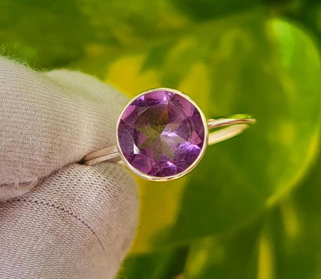 Кольцо из стерлингового серебра 925 пробы с натуральным круглым аметистом, размер 8, подарочное кольцо