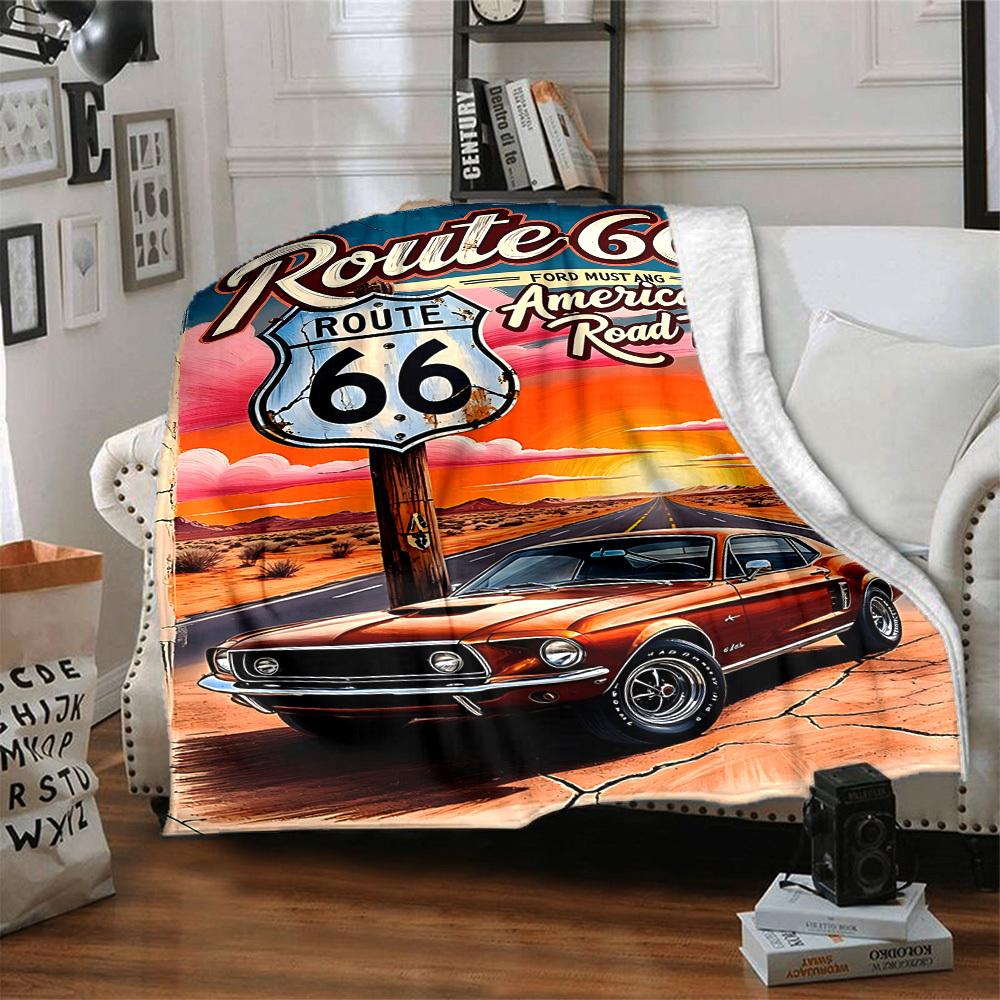 1pc Route 66 Flannel Blanket [Cozy Throw Blanket] For Sofa, Bed, Travel, Camping, Livingroom, Office, Couch, Chair, And Bed