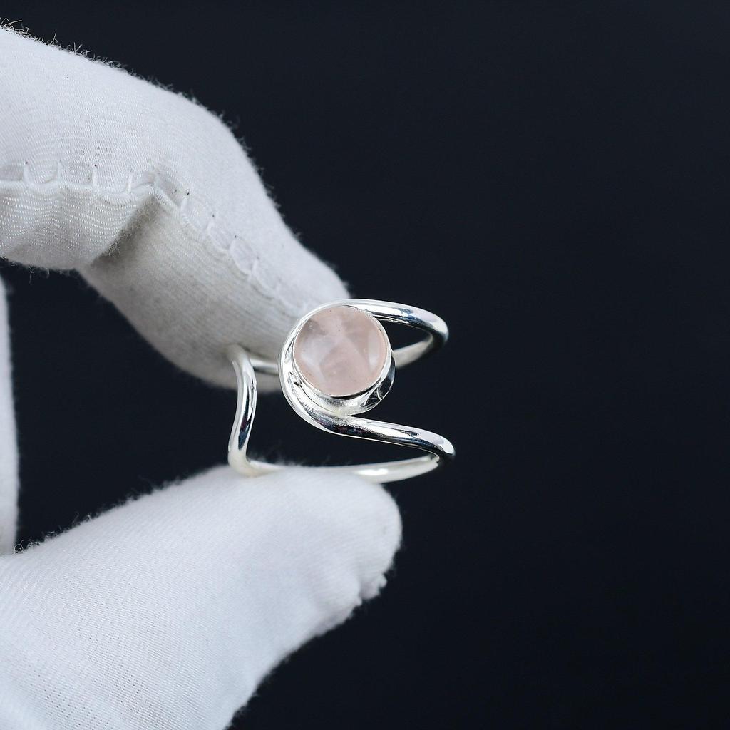 Natural Rose Quartz Adjustable 925 Sterling Silver Ring - Fits US Sizes 6 To 10 - Handmade Boho Jewelry for Women & Men, Valentine Gifts