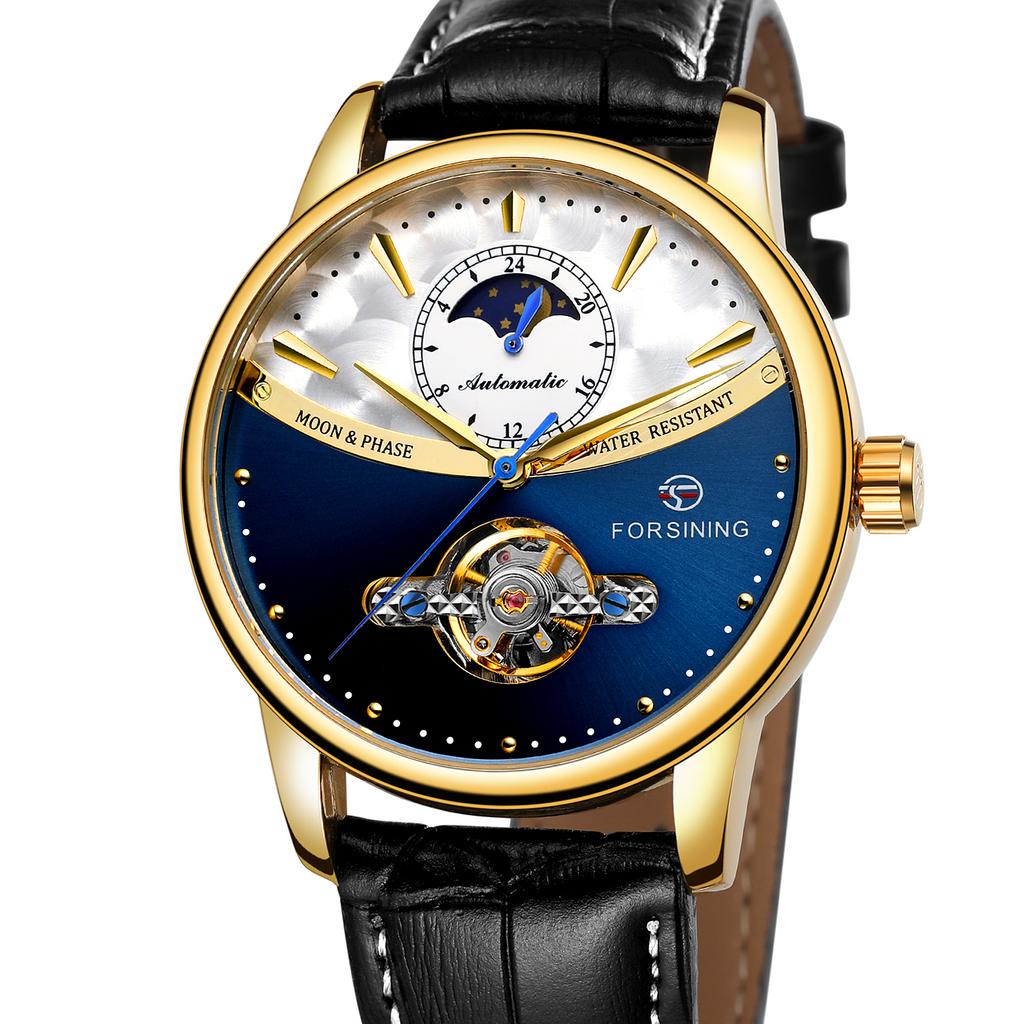 FORSINING Mens Watch Automatic Mechanical Classic Tourbillon Skeleton 24H Day Night Indicator Leather Band Male Dress Wristwatch